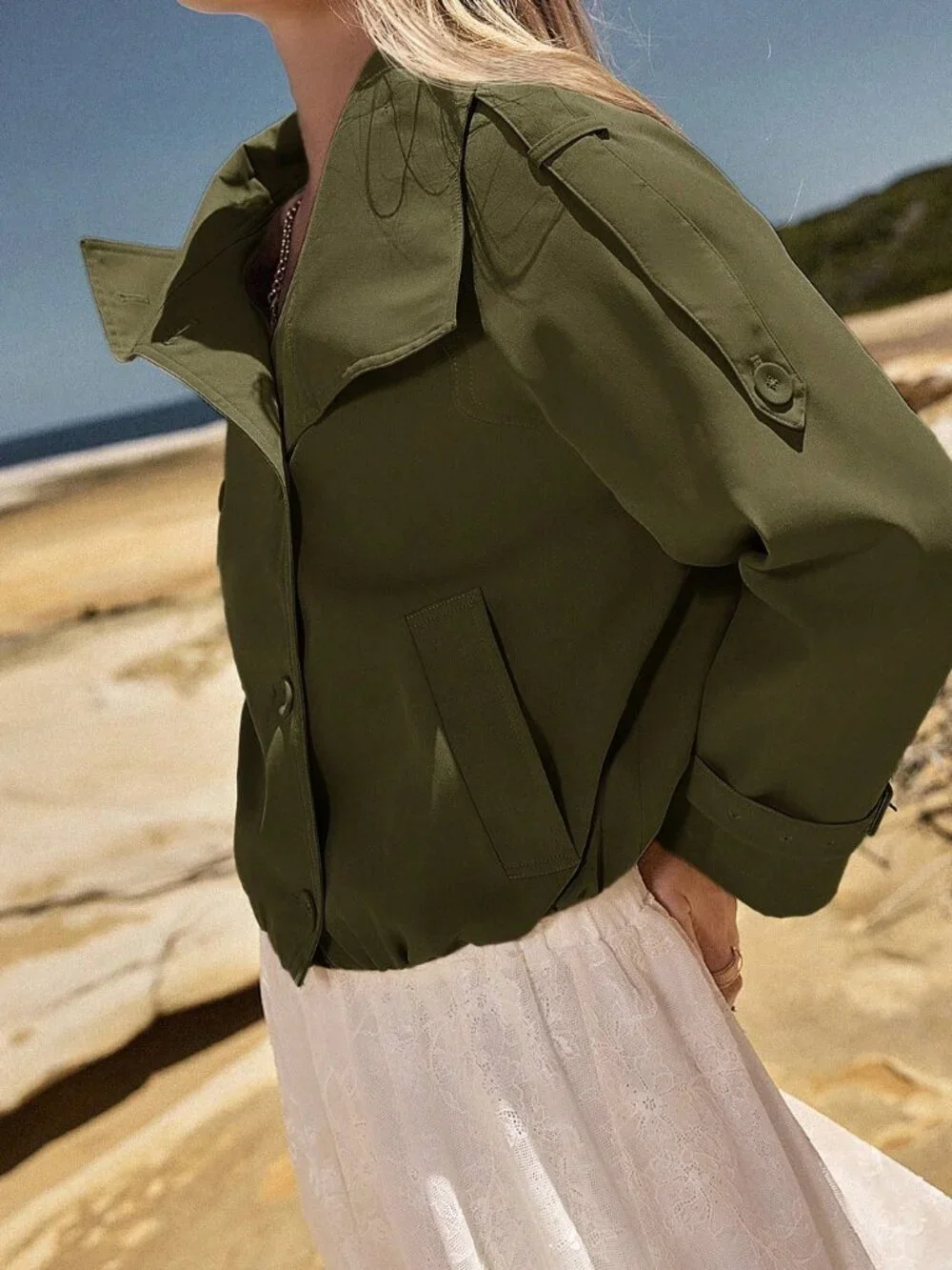 Army Green Casual Women's Double-Breasted Short Trench Coat
